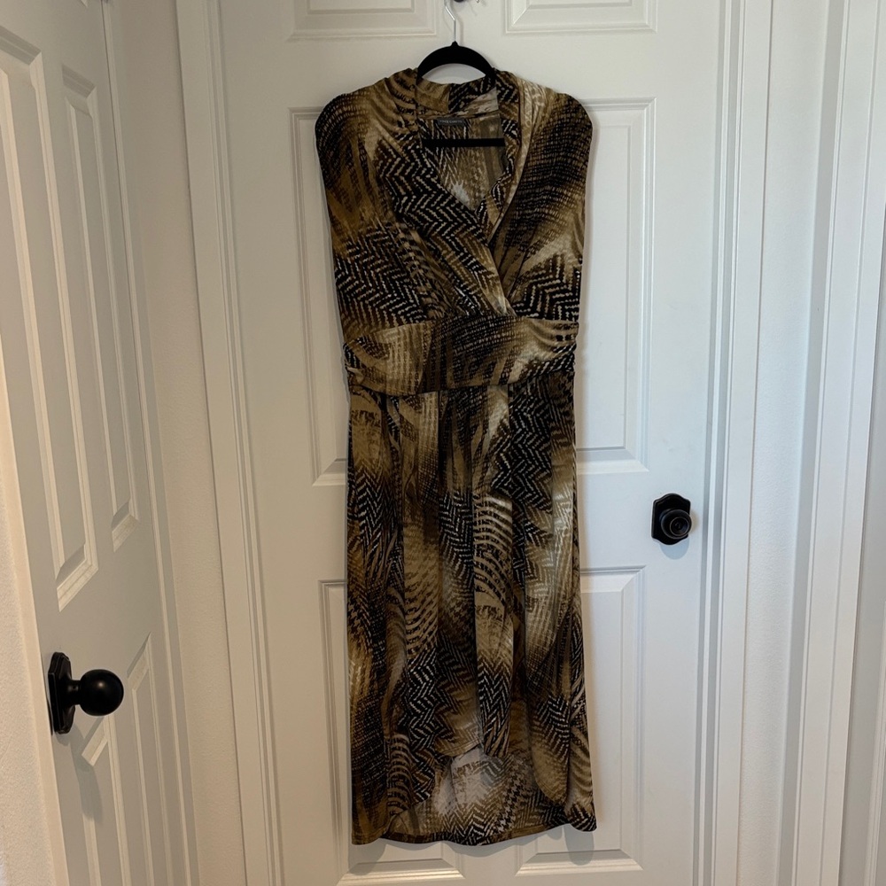 Nina Leonard Black and Brown Geometric Midi Dress
